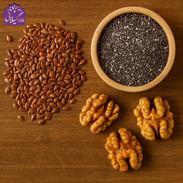 بذر-کتان-همراه-دانه-چیا-و-مغز-گردو-حاوی-امگا-3