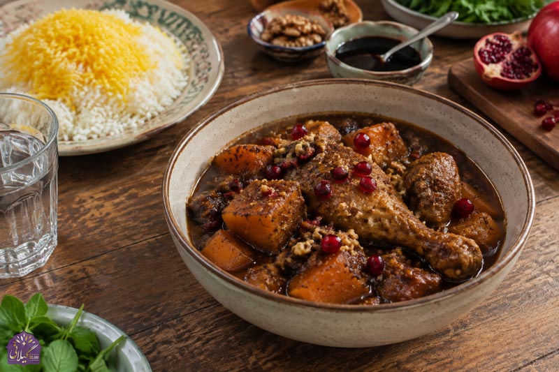 خورشت-کدو-حلوایی-با-مرغ،-رب-انار-و-گردو
