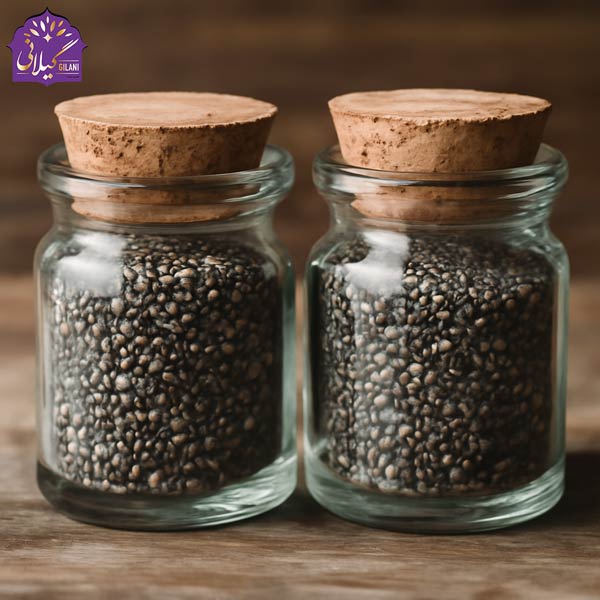 دانه‌های-چیا-درون-دو-شیشه-شفاف-ادویه-با-درپوش‌های-چوبی-روی-سطح-چوبی-قدیمی-و-در-پس‌زمینه‌ای-نرم-و-مبهم