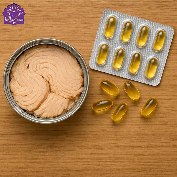 قوطی-کنسرو-ماهی-تن-گیلانی-و-قرص-امگا-3