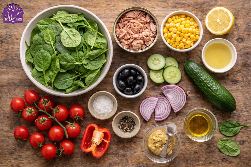 مواد-لازم-برای-تهیه-سالاد-اسفناج-با-تن-ماهی-غذا-با-اسفناج