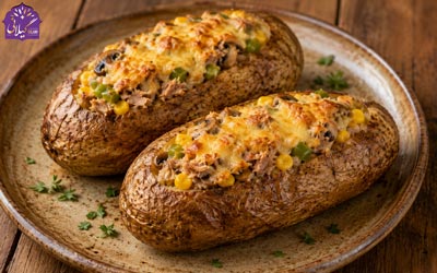 ​طرز تهیه سیب زمینی شکم پر با تن ماهی و پنیر در فر